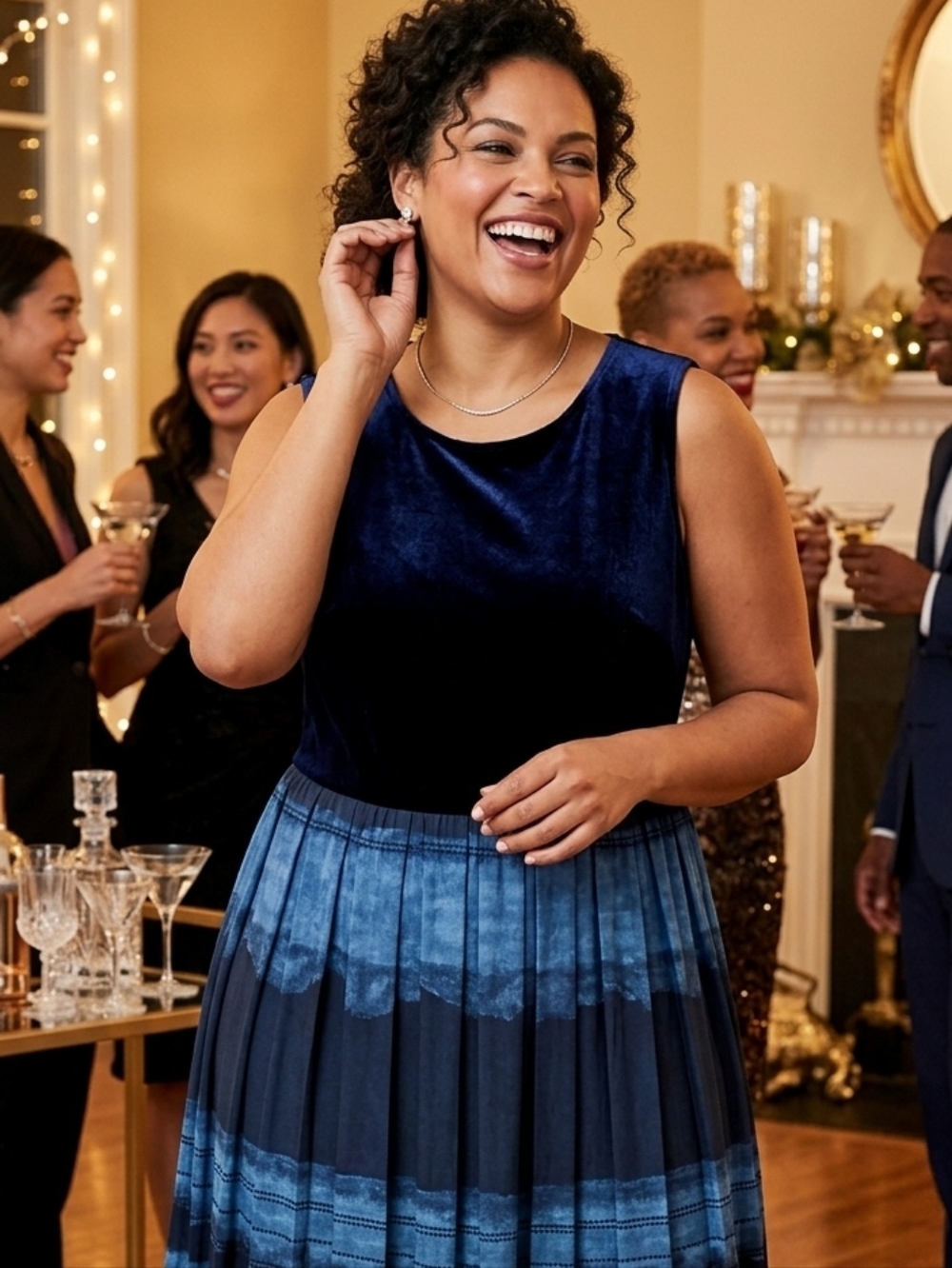 karin stevens Navy and Blue Velvet Midi Dress